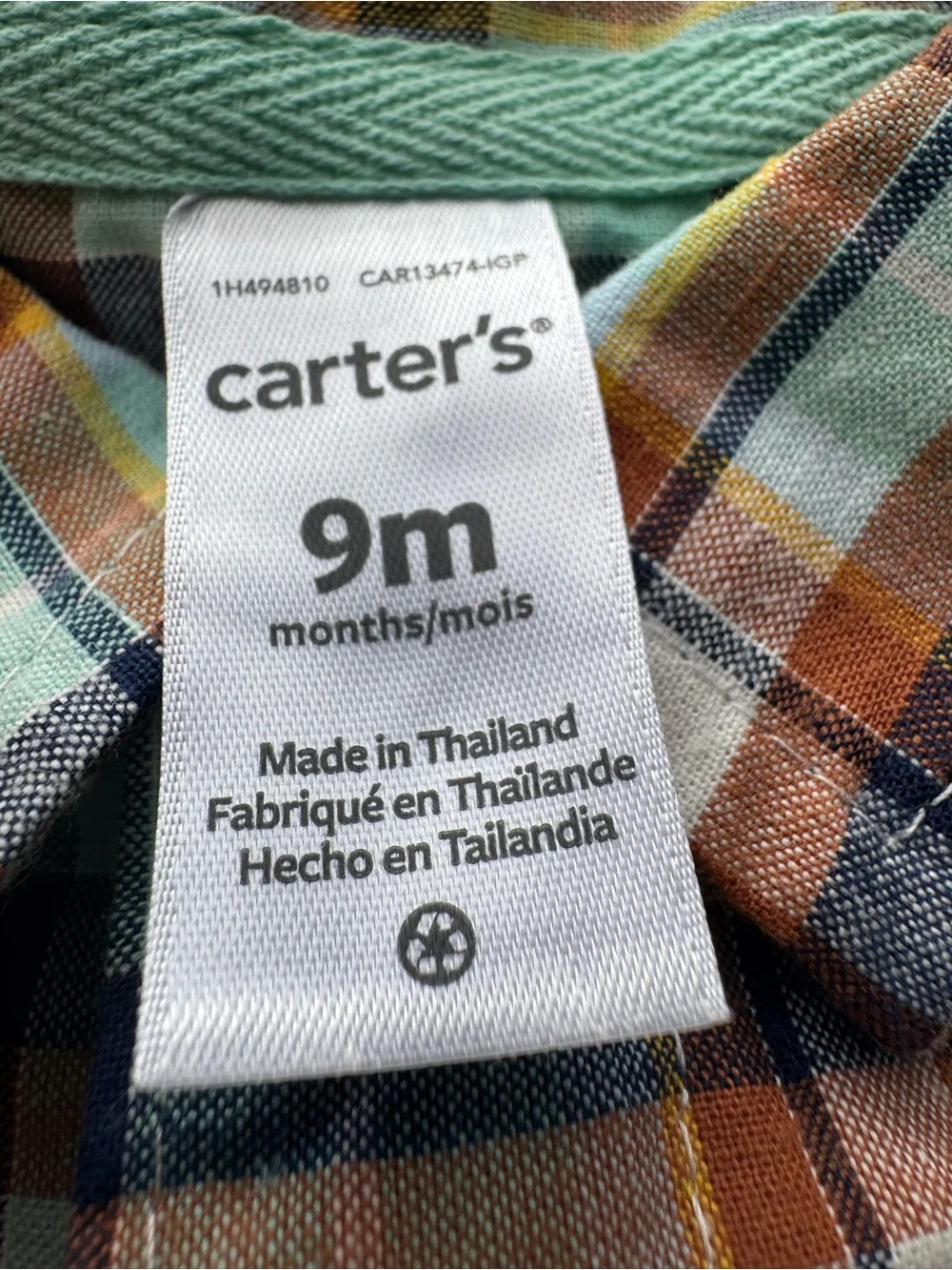 Carter’s Plaid Button Front Short Sleeve Romper Baby 9 Months NWT